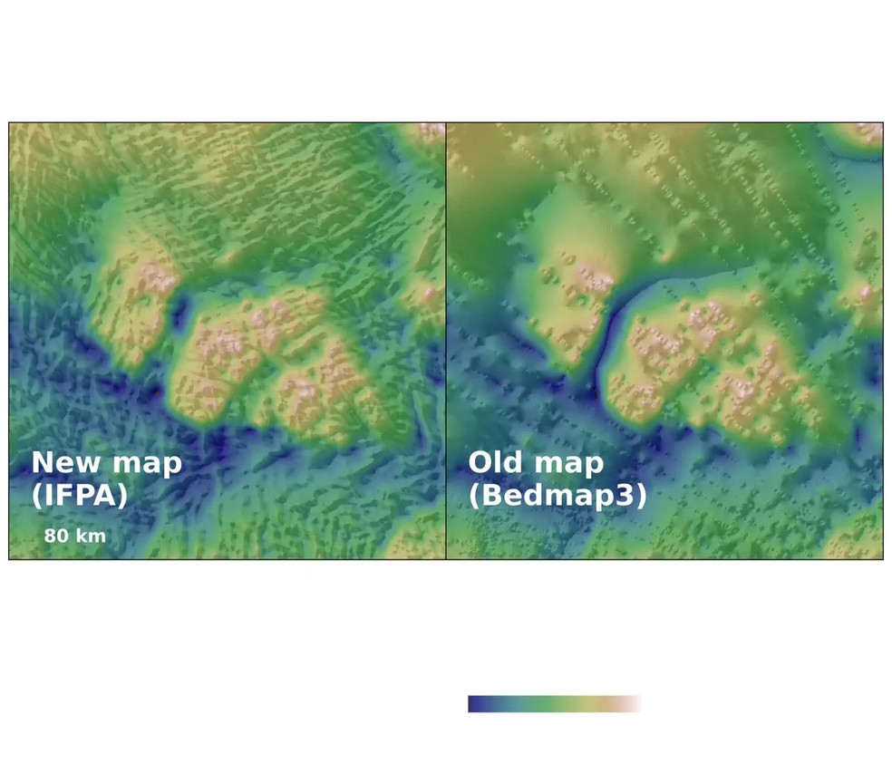 Imagem composta demonstra a maior resolução dos novos mapas IFPA da topografia subglacial da Antártida (à esquerda) em comparação com um mapa anterior (à direita). — Foto: Cortesia de Helen Ockenden