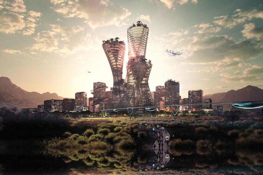 Planta 3D de Telosa, com a 'Equitism Tower' ao centro.