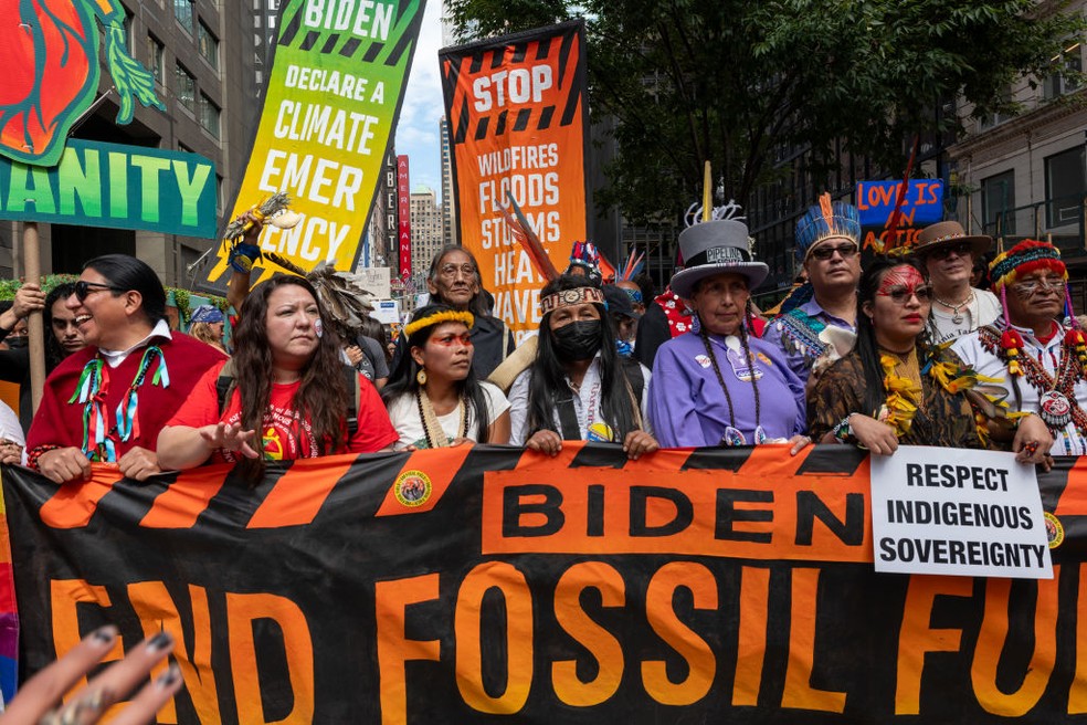 Ativistas deram início à Semana do Clima de Nova York com protesto contra os combustíveis fósseis — Foto: Spencer Platt/Getty Images