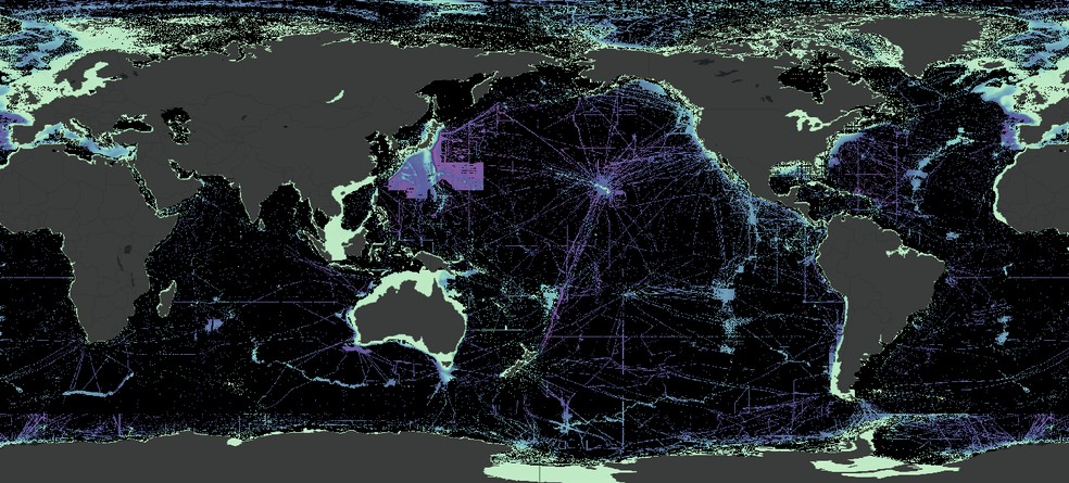 Mapeamento do leito oceânico em andamento pelo projeto Seabed 2030 — Foto: Seabed 2030 GEBCO
