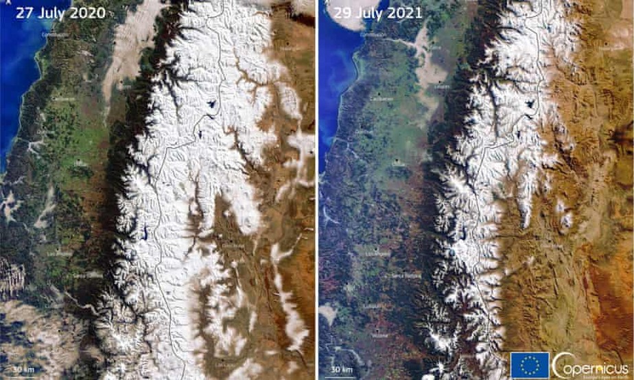 Imagem do satélite Copernicus mostra redução da neve nos Andes