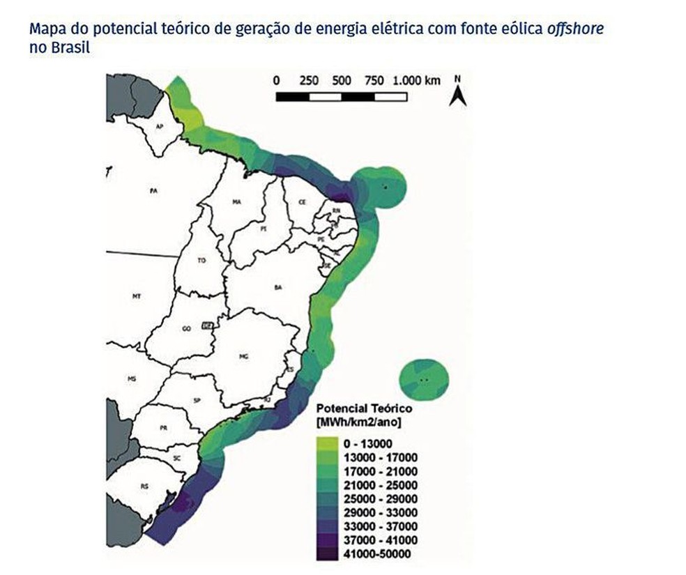 Mapa do potencial teórico de geração de energia elétrica com fonte eólica offshore no Brasil. — Foto: CNI