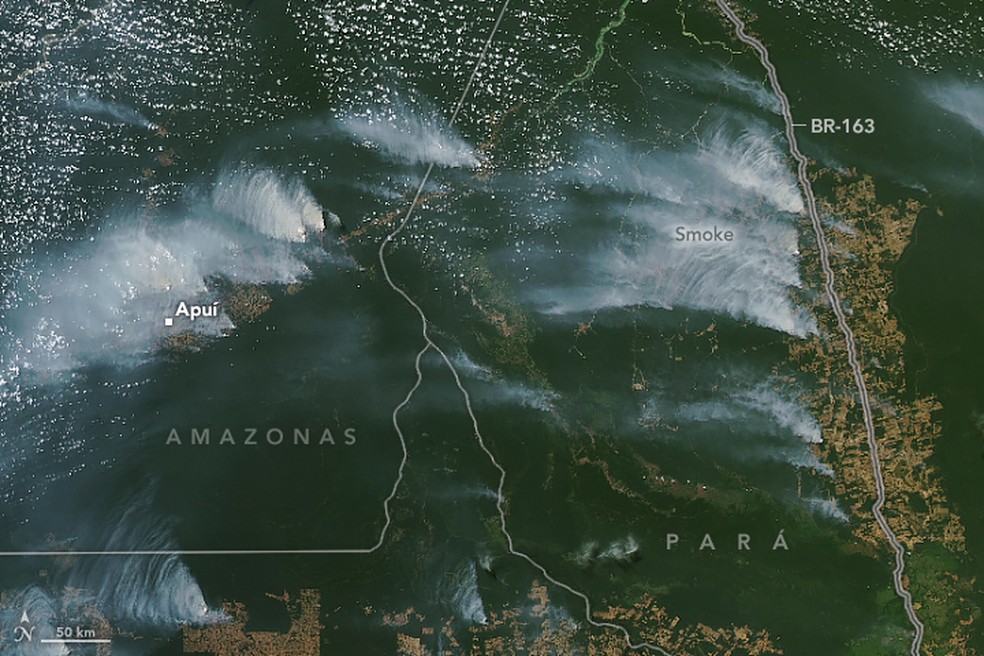 Nasa detalha focos de incêndio na Amazônia em 4 de agosto. Fogo está associado ao desmatamento, diz agência. — Foto: Nasa
