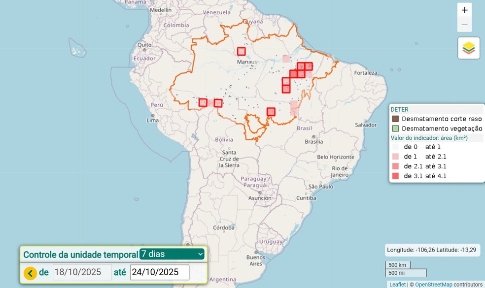 Plataforma Terra Brasilis possui recursos de monitoramento de desmatamento. Com ajuda da IA, mapas passam a apontar risco antes das árvores serem derrubadas. — Foto: Reprodução/Terra Brasilis