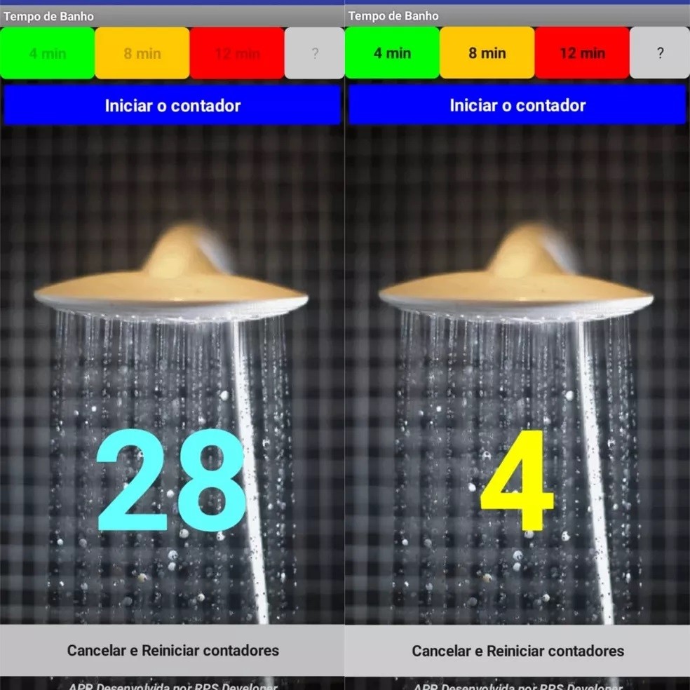 O app Tempo de Banho funciona como um timer para evitar o desperdício de água debaixo do chuveiro — Foto: Reprodução/Clara Fabro 