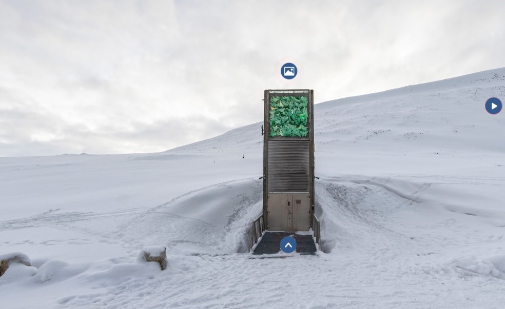 Entrada do famoso banco de sementes no Ártico, o Svalbard Global Seed Vault  — Foto: Reprodução