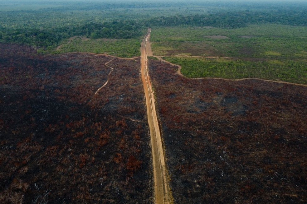 Vista aérea de uma área desmatada da floresta amazônica no entorno da rodovia BR-319 na cidade de Humaitá, estado do Amazonas — Foto: Getty IMages