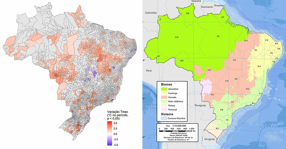 Comparativo de mapas mostra, à esquerda, a mancha de aumento de temperaturas máximas no Brasil (2000-2025). À direita, vê-se a distribuição dos biomas brasileiros. — Foto: Cemaden/IBGE
