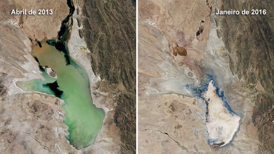 O lago Poopó fotografado de um satélite da NASA; a diferença entre uma foto e a outra é de 3 anos