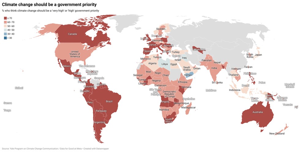 Nos países em vermelho escuro, mais de 70% da população diz que a crise do clima deveria ser prioridade "alta" ou "muito alta" dos governos. — Foto: Divulgação