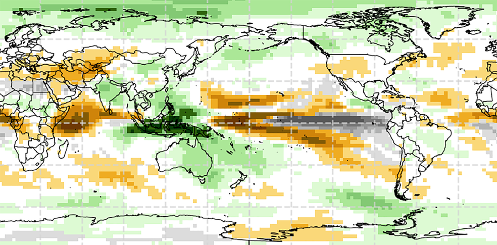 Padrões de chuva (em verde) para setembro, outubro e novembro indicam precipitação acima da média em grande parte do Brasil (à direita no mapa), e também seca no Centro Sul do país (em amarelo). — Foto: OMM