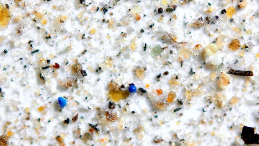 Partículas de microplástico (em azul) cercadas por poeira, minerais e carvão em microscópio