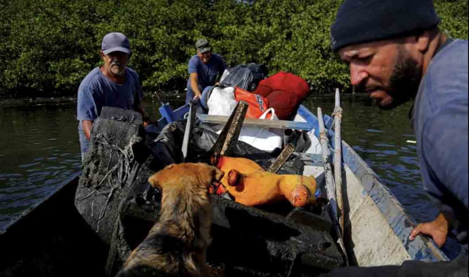 Pescadores da Ilha do Governador retiram lixo de manguezais da Baía de Guanabara.