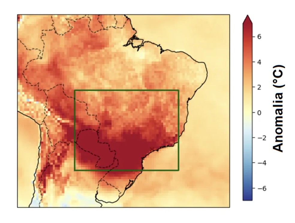 O mapa da anomalia de temperaturas na América do Sul de 16 a 26 de setembro de 2023. — Foto: ERA5/Copernicus