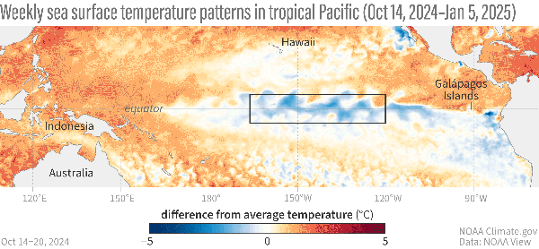 Imagem animada mostra região principal do Pacífico que serve para monitoramento dos "niños". Resfriamento das águas indica temporada de La Niña. — Foto: NOAA