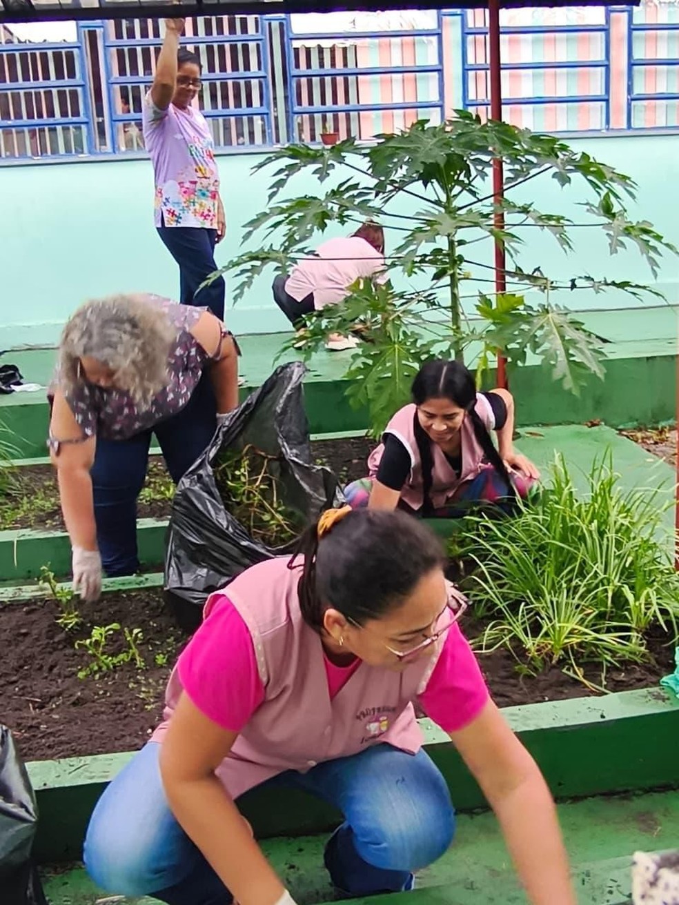 Manutenção da horta feita pelo corpo docente da creche. — Foto: Divulgação