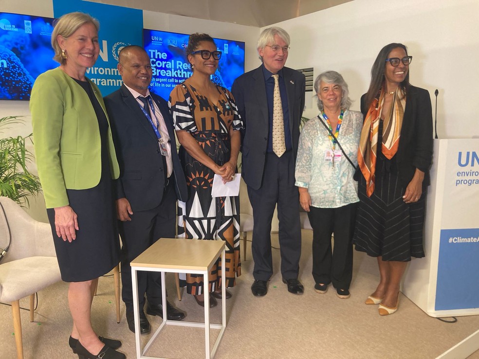 Susan Gardner, diretora da Divisão de Ecossistemas do PNUMA; Steven Victor, ministro da Agricultura, Pesca e Meio Ambiente de Palau; Lynda Tabuya, ministra de Mulheres, Crianças e Proteção Social de Fiji; Andrew Mitchell, ministro de Estado no Exterior, da Commonwealth e Escritório de Desenvolvimento do Reino Unido; Ana Paula Prates, diretora de Oceanos e Gestão Costeira do Ministério do Meio Ambiente e Mudança do Clima do Brasil; Letícia Carvalho, oceanógrafa brasileira e chefe da Seção Marinha e de Água Doce do PNUMA — Foto: Letícia Klein