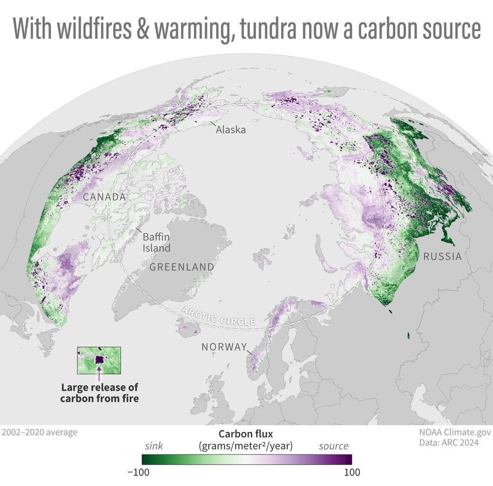 Com incêndios, aquecimento e degelo, a tundra agora é uma fonte emissora de CO2; em roxo, áreas de maior emissão do gás de efeito estufa. — Foto: Divulgação