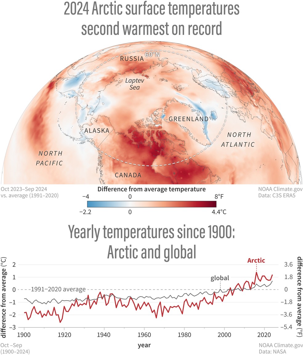 Entre outubro de 2023 a setembro de 2024, temperaturas no Ártico foram 1,20°C  acima da média de 1991–2020. — Foto: Divulgação