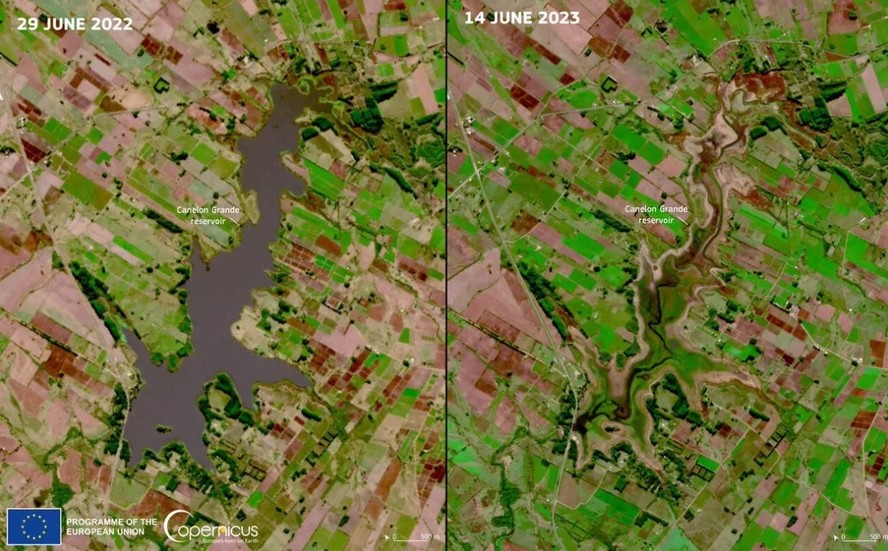 Imagens de satélite mostram antes e depois de reservatório que secou no Uruguai