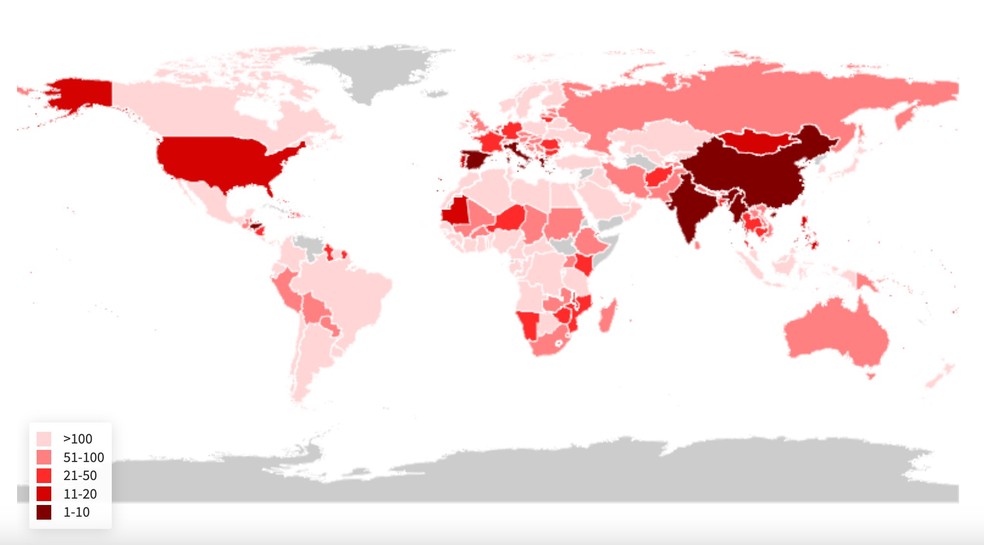 Mapa: países mais impactados por eventos climáticos extremos de 1993 a 2022. Vermelhos mais escuros indicam maior impacto sobre pessoas e perdas econômicas. — Foto: Reprodução/Germanwatch
