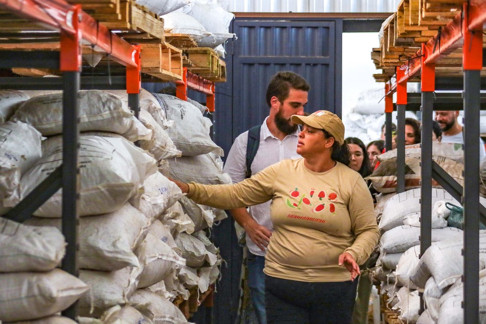 Cintia Oliveira, presidente da Cerrado de Pé no armazém de sementes nativas. — Foto: Vitor Saraiva