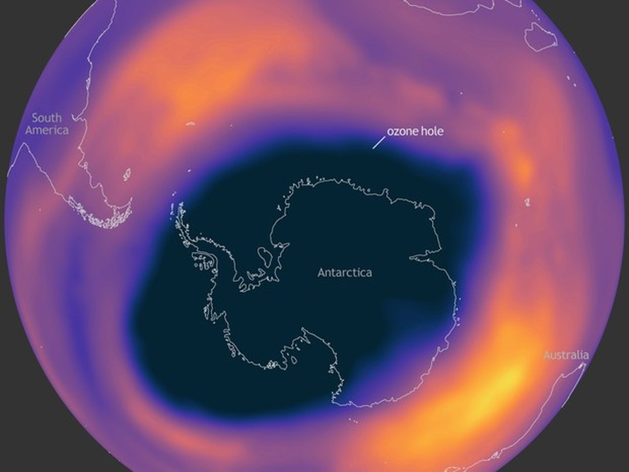 Buraco de ozônio sobre a Antártida em sua extensão máxima em 7 de outubro de 2021