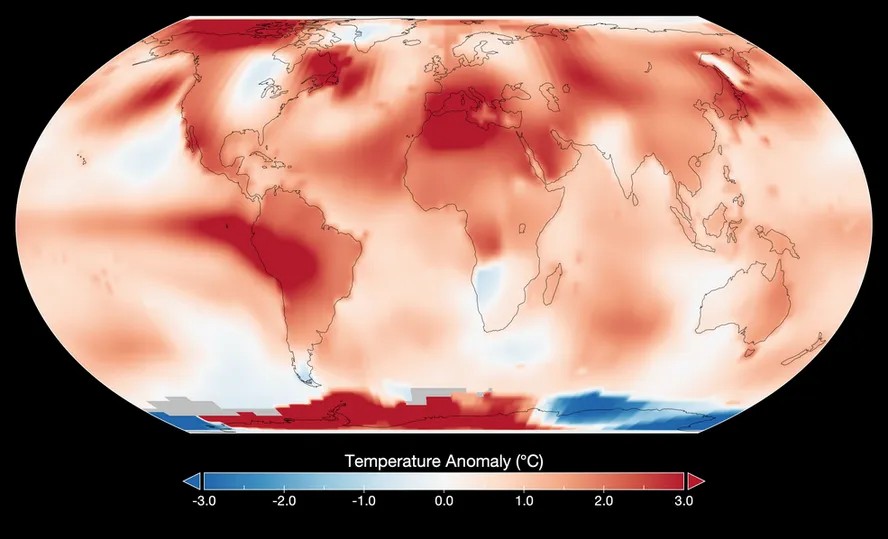 Mapa mostra anomalias de temperatura global para julho de 2023, com base na análise GISTEMP da Nasa