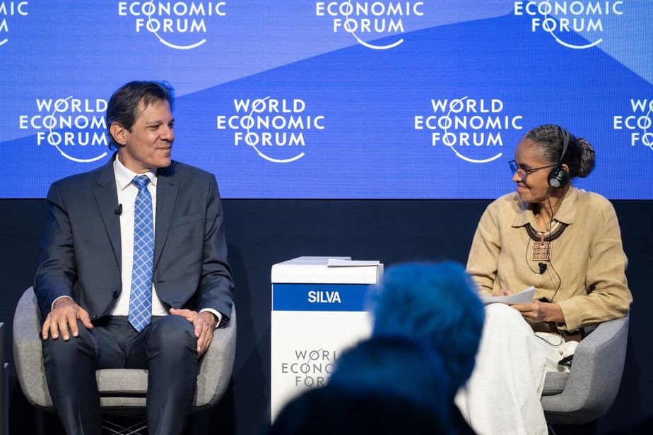 Ministro da Fazenda, Fernando Haddad, e a ministra de Meio Ambiente e Mudança do Clima, Marina Silva, no Fórum de Davos em 2023