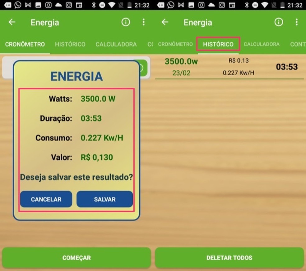 É possível salvar o resultado do consumo de energia no cronômetro do app Sustentabilizando — Foto: Reprodução/Marvin Costa