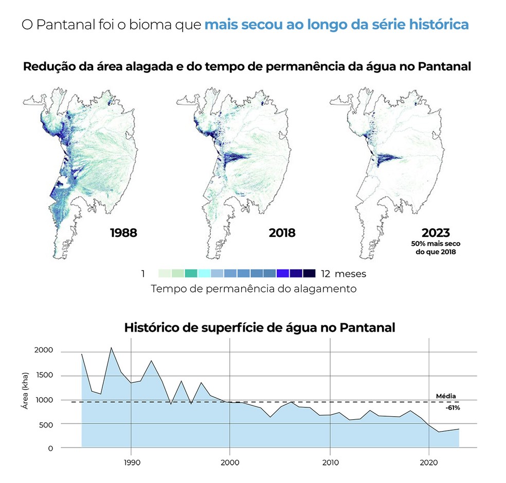 Evolu��o da superf�cie de �gua no Pantanal mostra encolhimento do corpo h�drico. � Foto: MapBiomas