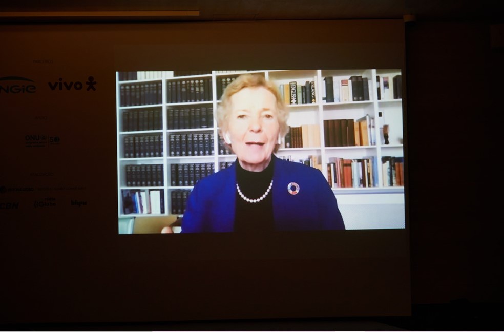 Mary Robinson (The Elders, Team B Global Leader) participa virtualmente do 1º Fórum de Justiça Climática — Foto: Thayna Bonin