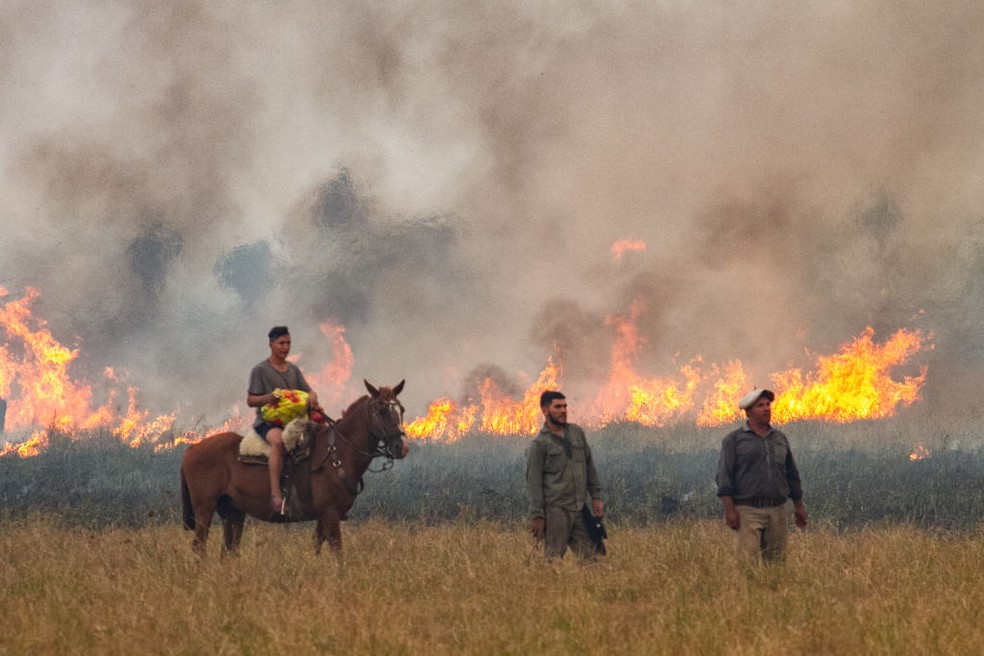 Voluntários ajudam no combate ao incêndio florestal em Corrientes, Argentina — Foto: Anadolu Agency/Getty Images