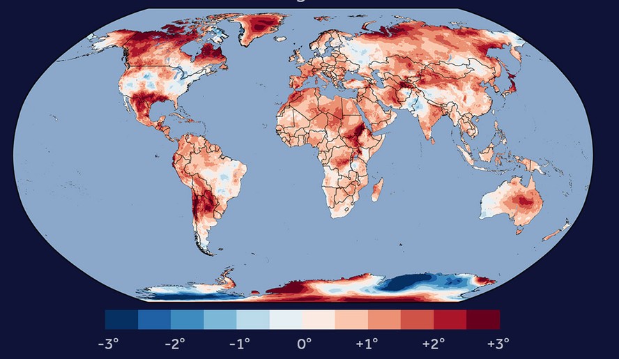 Mapa mostra anomalias de temperatura pelo globo entre junho e agosto de 2023.