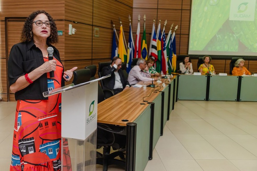 A ministra Luciana Santos no anúncio da criação do IPCC da Amazônia — Foto: Luara Baggi/Ministério da Ciência, Tecnologia e Inovação